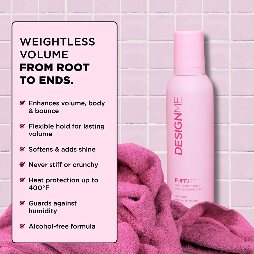 Flacon de 250 ml de mousse volumisante PUFF.ME, texture légère pour volume rebondi