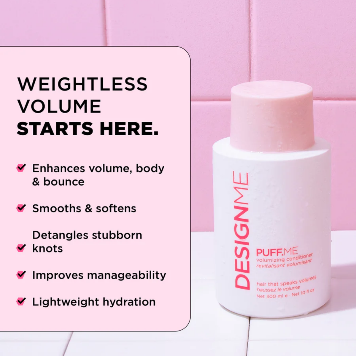 Flacon de 300 ml de revitalisant volumisant PUFF.ME pour cheveux fins, formule légère et volumisante