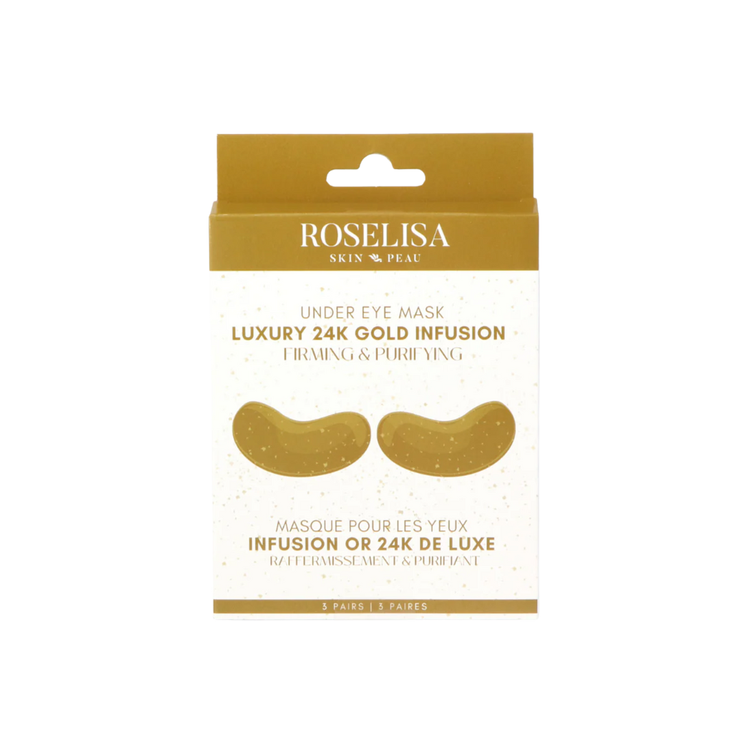 Patchs sous les yeux Roselisa infusés à l’or 24K, 3 paires dans un emballage luxueux doré.