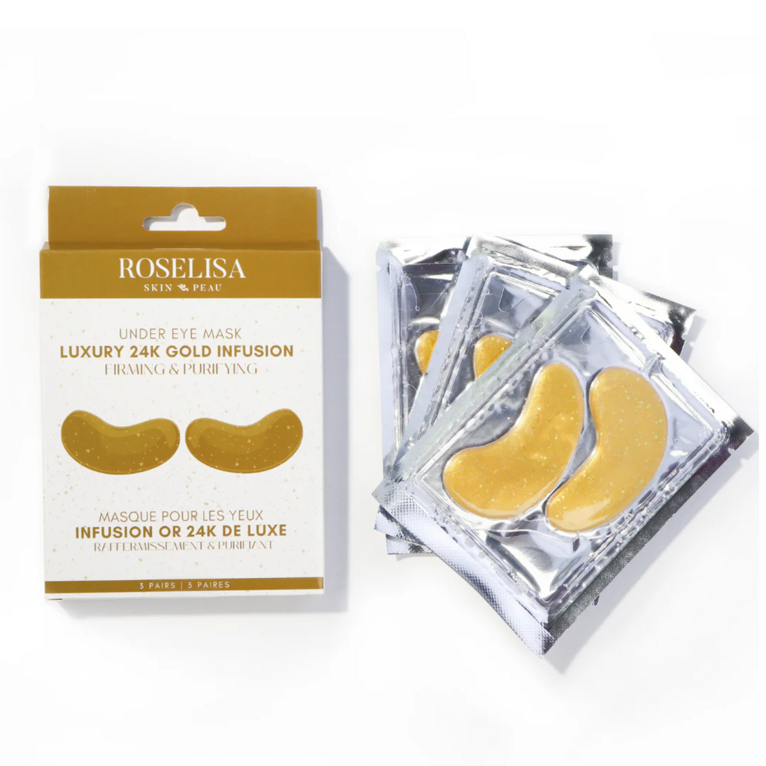 Patchs sous les yeux Roselisa infusés à l’or 24K, 3 paires dans un emballage luxueux doré.