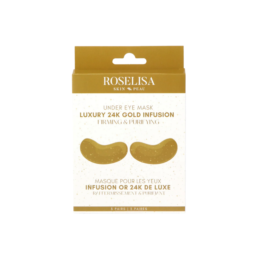 Patchs sous les yeux Roselisa infusés à l’or 24K, 3 paires dans un emballage luxueux doré.