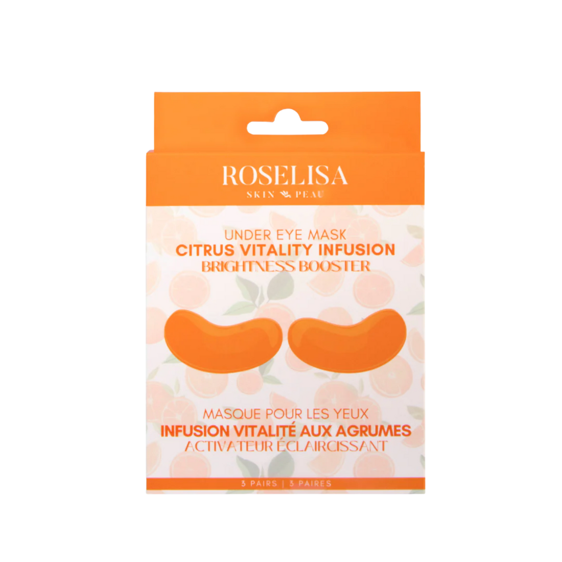 Trois paires de patchs sous les yeux Roselisa Citrus Vitality Infusion, enrichis en agrumes et vitamine C.