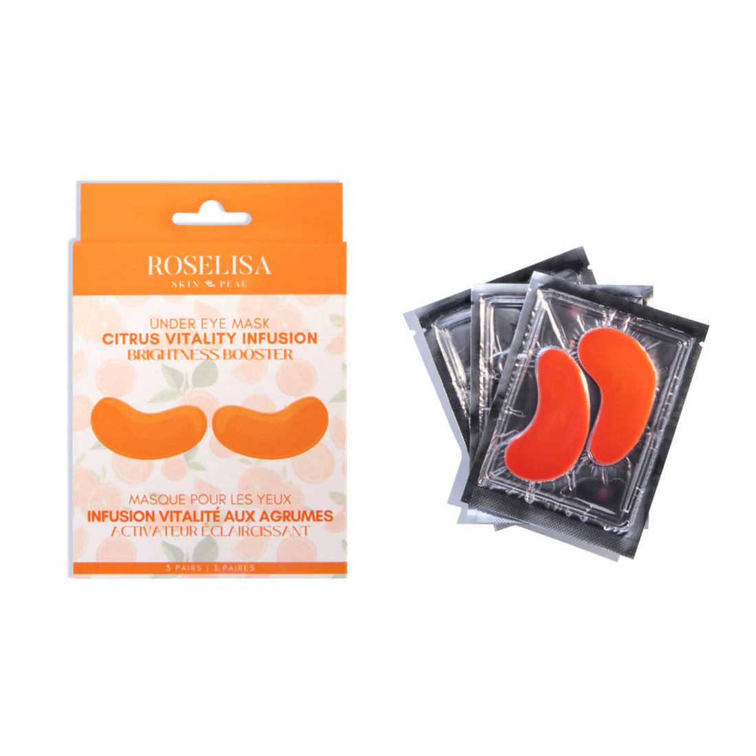 Trois paires de patchs sous les yeux Roselisa Citrus Vitality Infusion, enrichis en agrumes et vitamine C.