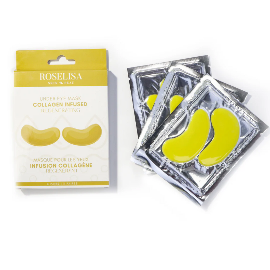 Trois paires de patchs sous les yeux Roselisa infusés au collagène, dans leur sachet gel.