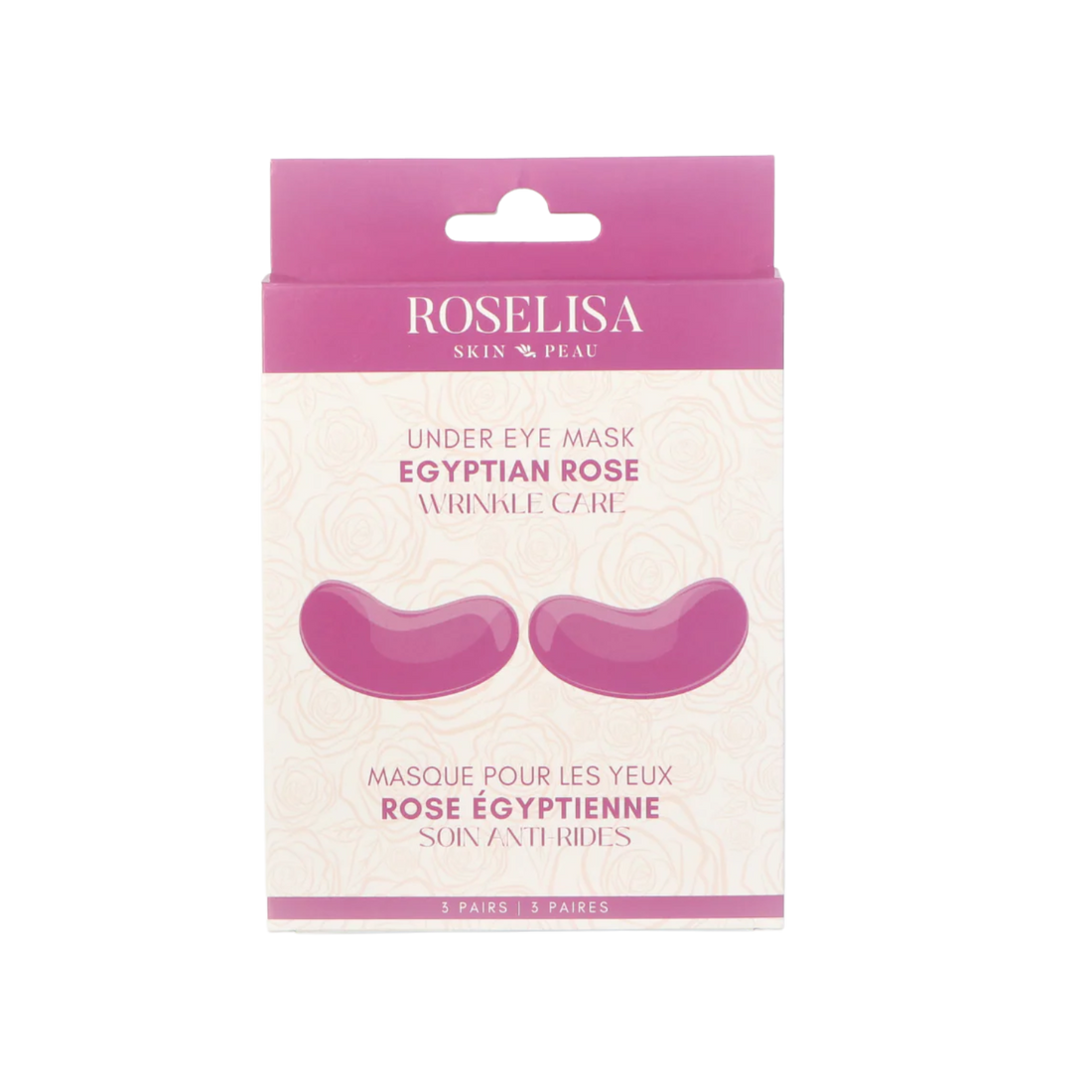 Trois paires de patchs sous les yeux Roselisa infusés à la rose égyptienne dans leur emballage gel.