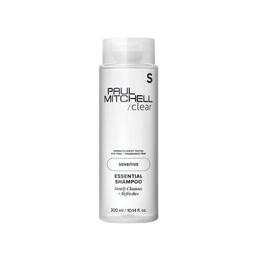 Shampooing Paul Mitchell Clear Essential Shampoo sans parfum, formule douce à 8 ingrédients pour cuir chevelu sensible, nettoyage quotidien des cheveux.