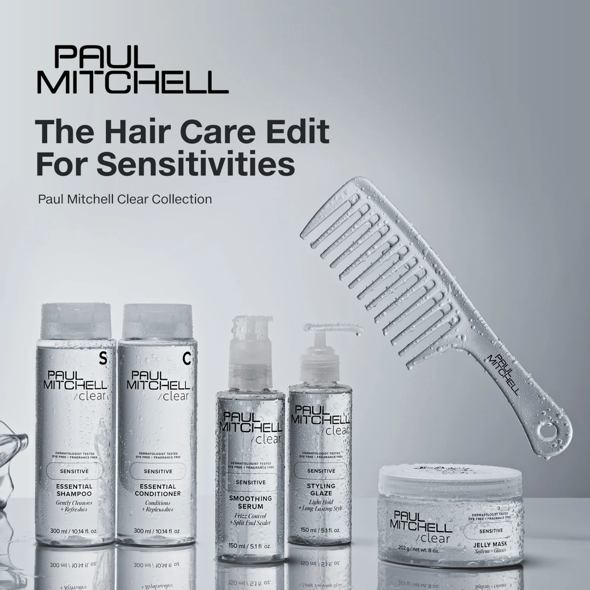 Shampooing Paul Mitchell Clear Essential Shampoo sans parfum, formule douce à 8 ingrédients pour cuir chevelu sensible, nettoyage quotidien des cheveux.