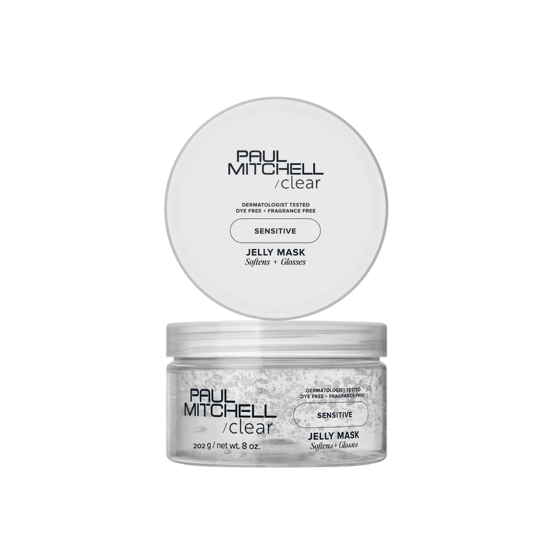 Masque capillaire Paul Mitchell Clear Jelly Mask texture gelée, hydratation légère sans parfum pour cheveux sensibles, doux et brillants.