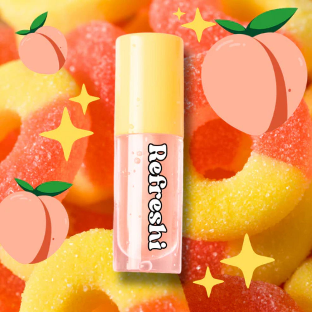 Tube 5 ml Peach Candy Lip Oil Refreshi, texture glossy non collante, parfum pêche sucrée, bulles anti‑débordement, soin végan

