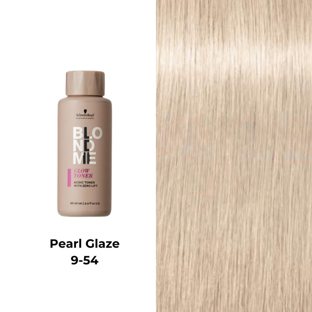 Tube de coloration BLONDME de Schwarzkopf avec mèche de cheveux blond, résultat professionnel lumineux.