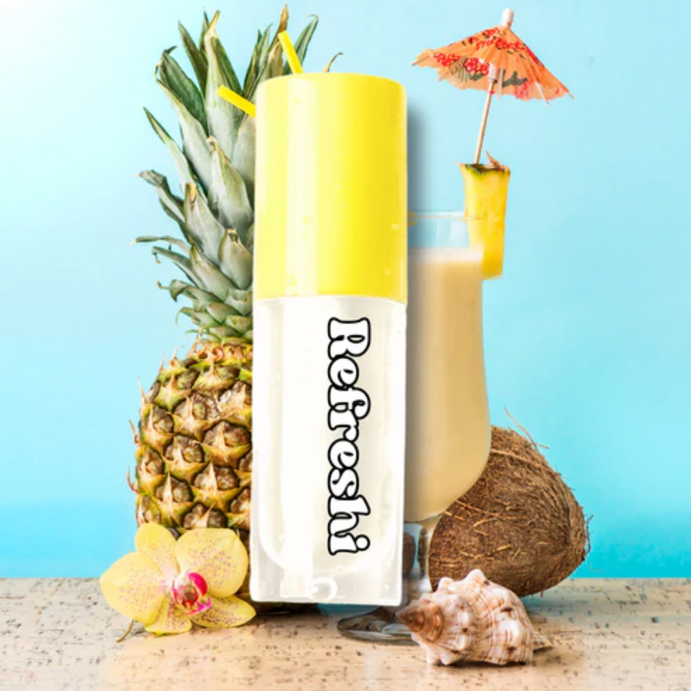 Tube 5 ml Pina Colada Lip Oil Refreshi, bulles visibles, texture brillante, parfum frais de piña colada

