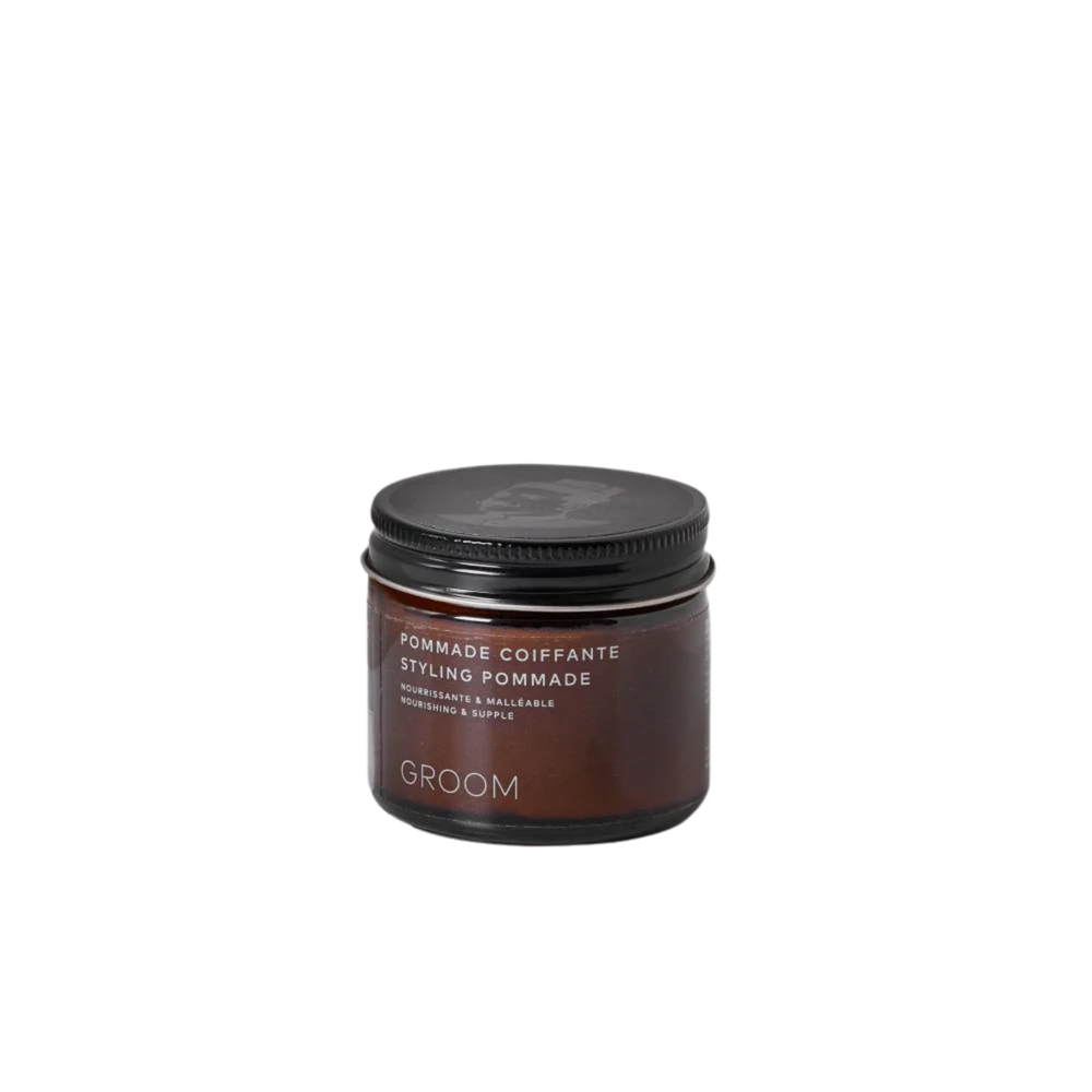 Pot de 60 ml de Pommade Coiffante Groom – soin coiffant naturel au chanvre, cire d’abeille, parfum de genévrier et citron vert

