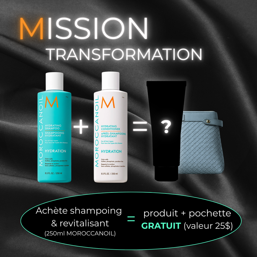 Promotion Mission Transformation, Produit gratuit et pochette à l'achat d'un shampooing & revitalisant Moroccanoil, Exclusivement chez Cachet Urbain