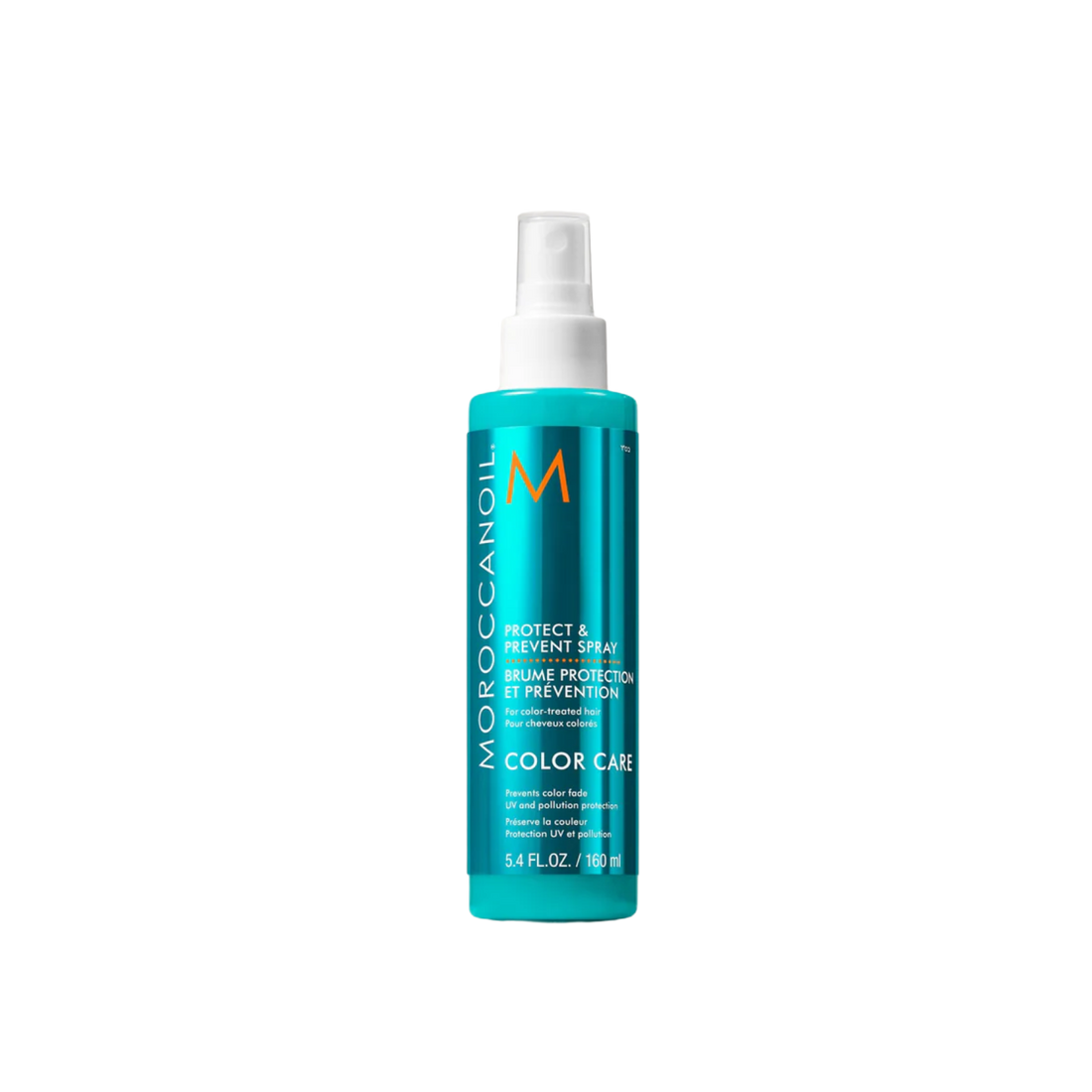 Bouteille de 160 ml de Moroccanoil Protect & Prevent Spray avec arôme signature et usage pour soin capillaire.

