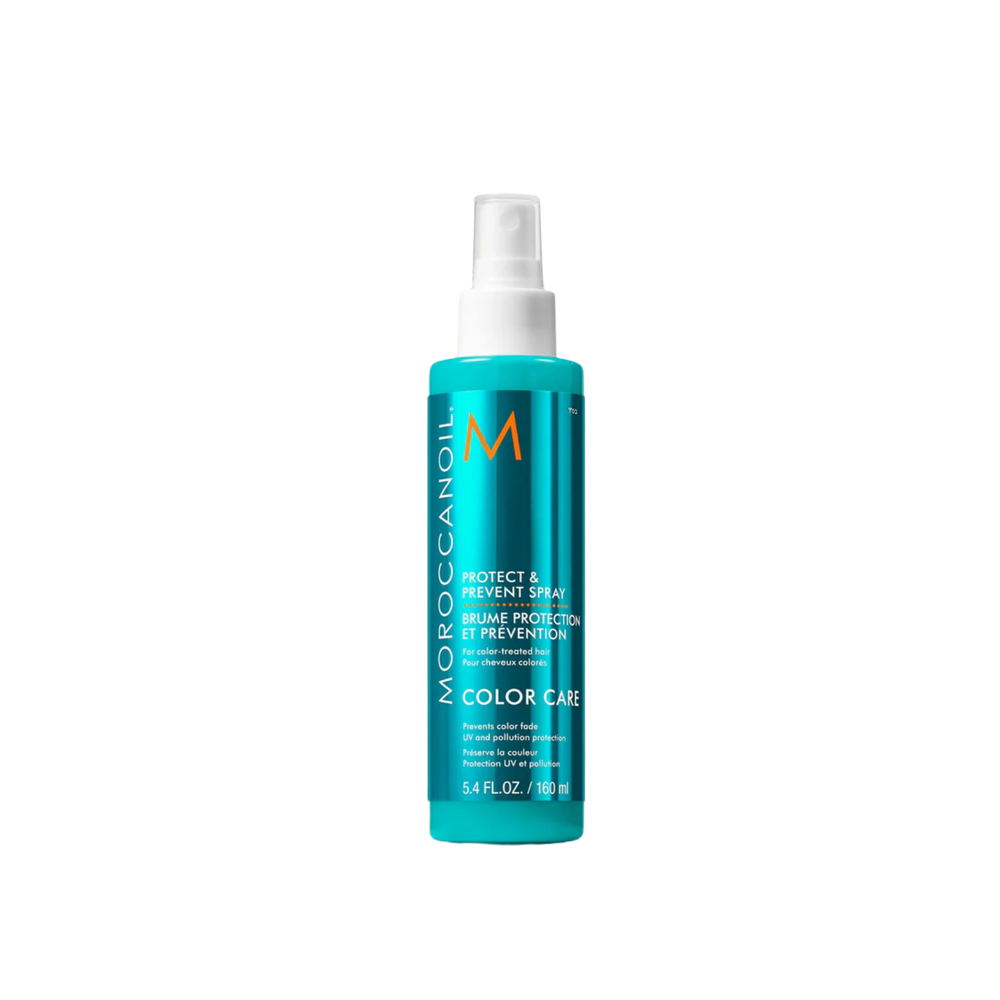 Bouteille de 160 ml de Moroccanoil Protect & Prevent Spray avec arôme signature et usage pour soin capillaire.

