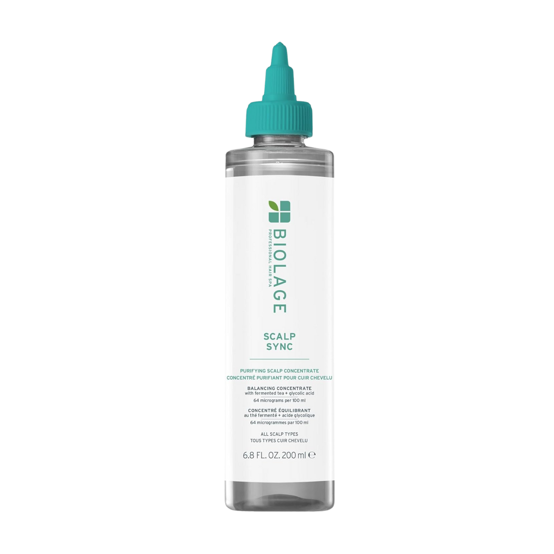 Flacon du Purifying Scalp Concentrate Biolage Scalp Sync, traitement exfoliant pré‑shampooing au thé fermenté et acide glycolique, pour cuir chevelu clarifié et rafraîchi.