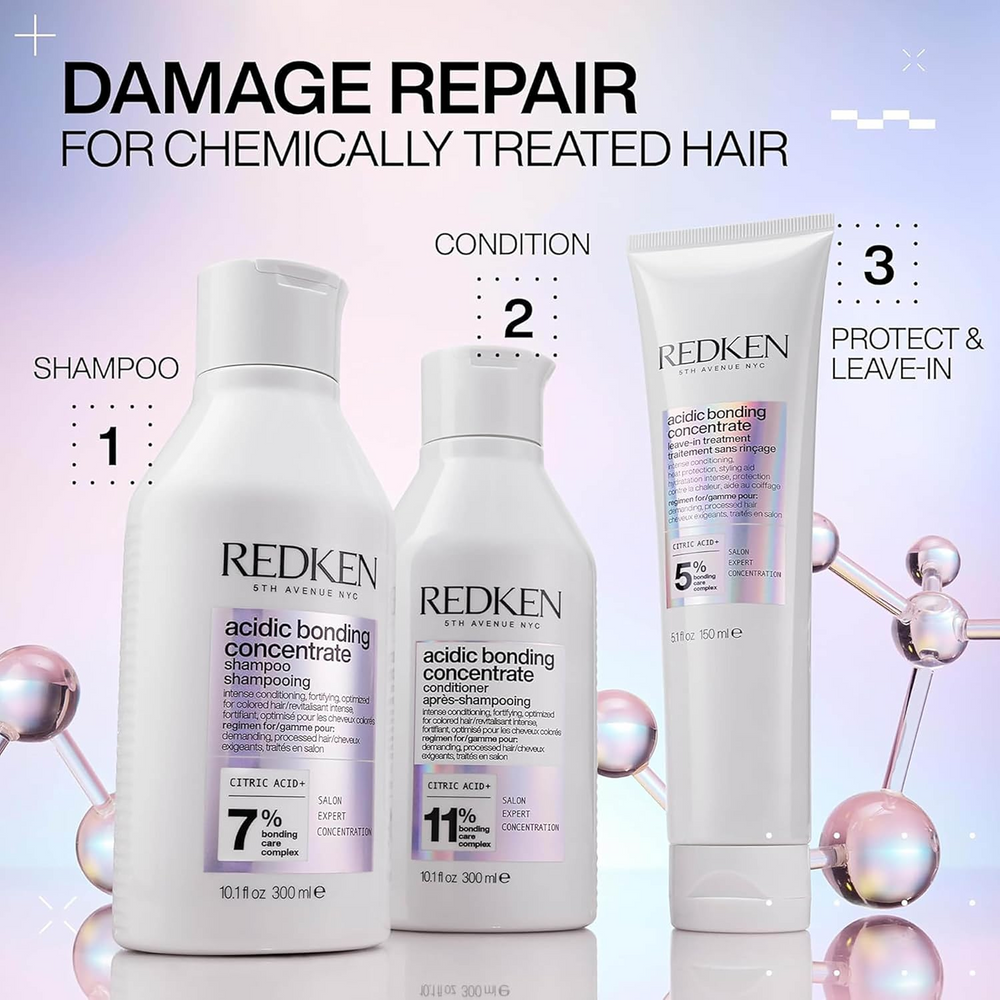 Flacon du shampoing Redken Acidic Bonding Concentrate, soin réparateur sans sulfate pour cheveux abîmés