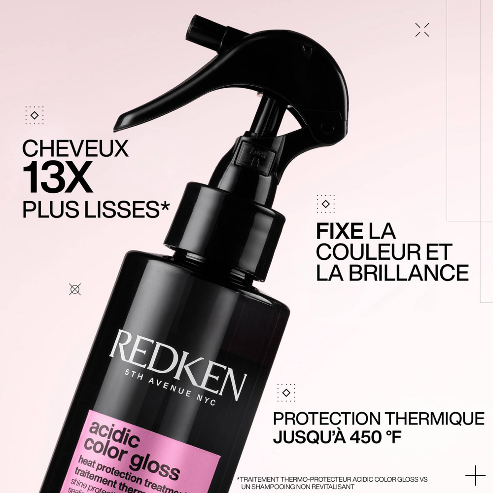 Spray thermo‑protecteur Acidic Color Gloss de Redken sur fond neutre, flacon élégant prêt à sublimer les cheveux colorés