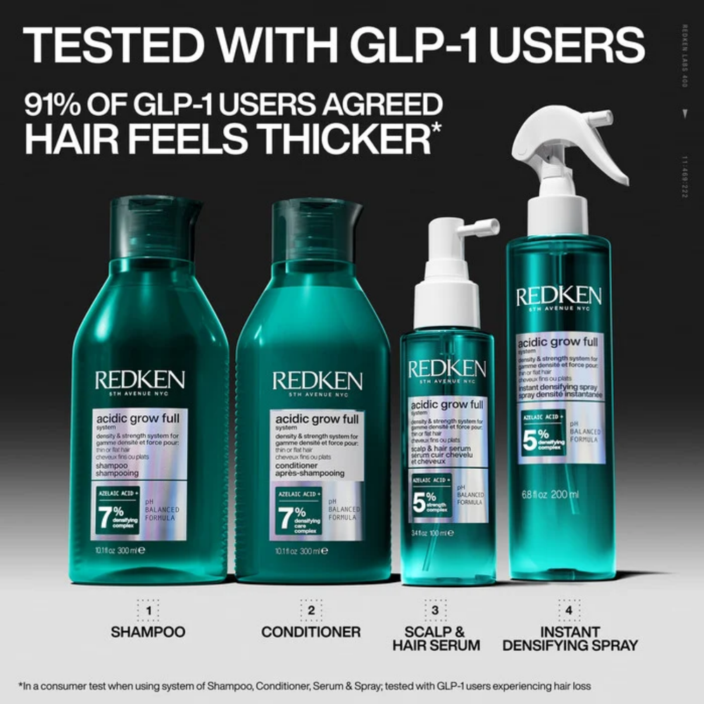 Redken Acidic Grow Full Densifying Shampoo pour cheveux fins et clairsemés, shampoing volumisant professionnel.