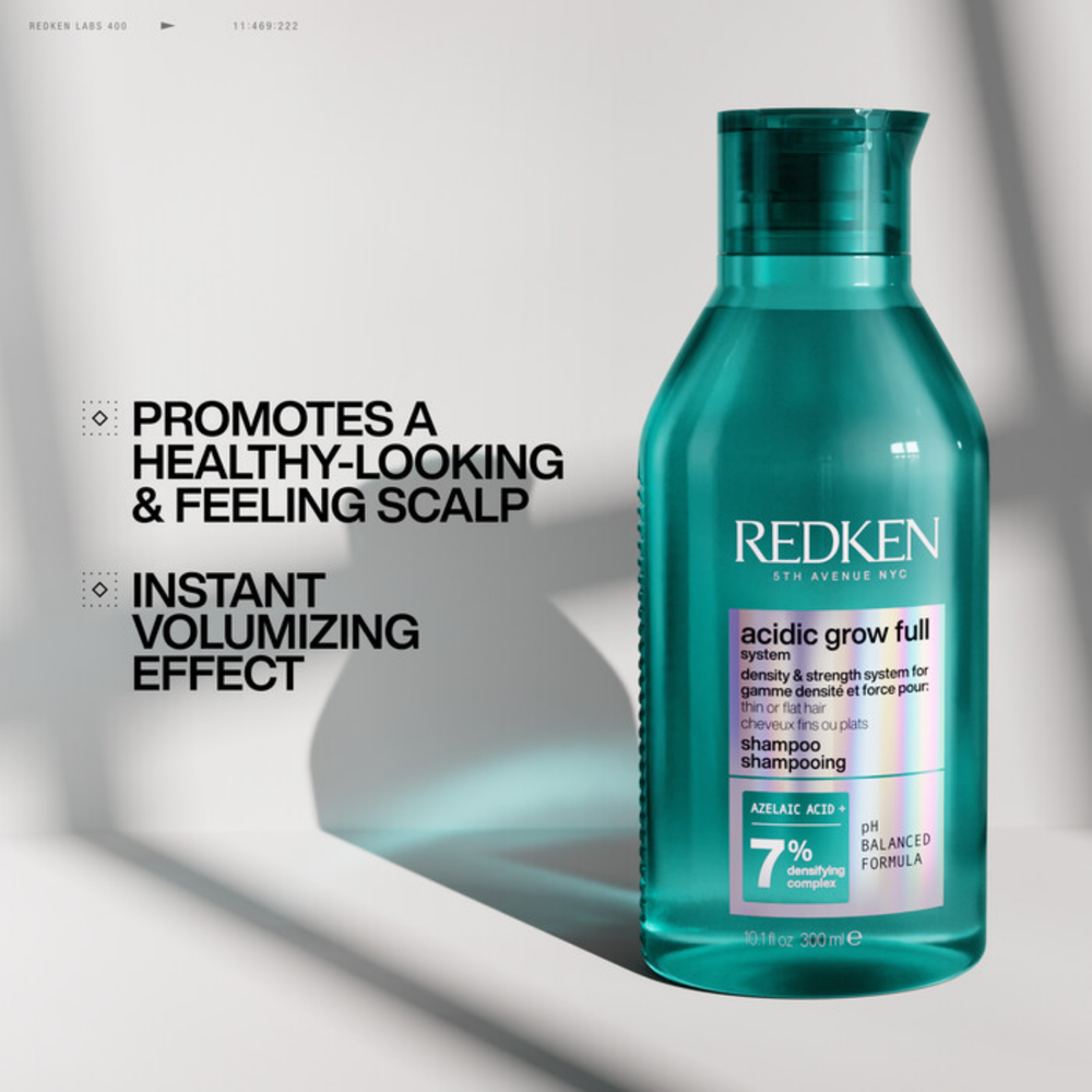 Redken Acidic Grow Full Densifying Shampoo pour cheveux fins et clairsemés, shampoing volumisant professionnel.
