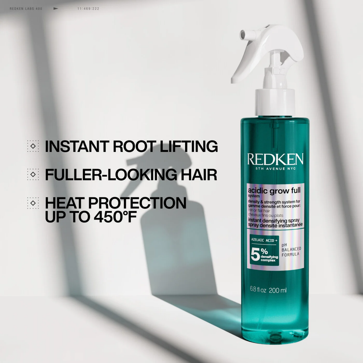 Spray densifiant Redken Acidic Grow Full pour cheveux fins, soin capillaire sans rinçage volumisant avec protection thermique.