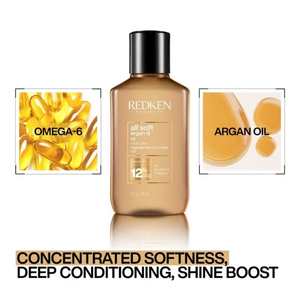 Flacon d’huile capillaire Redken All Soft Argan‑6 111 ml, soin nourrissant pour cheveux secs