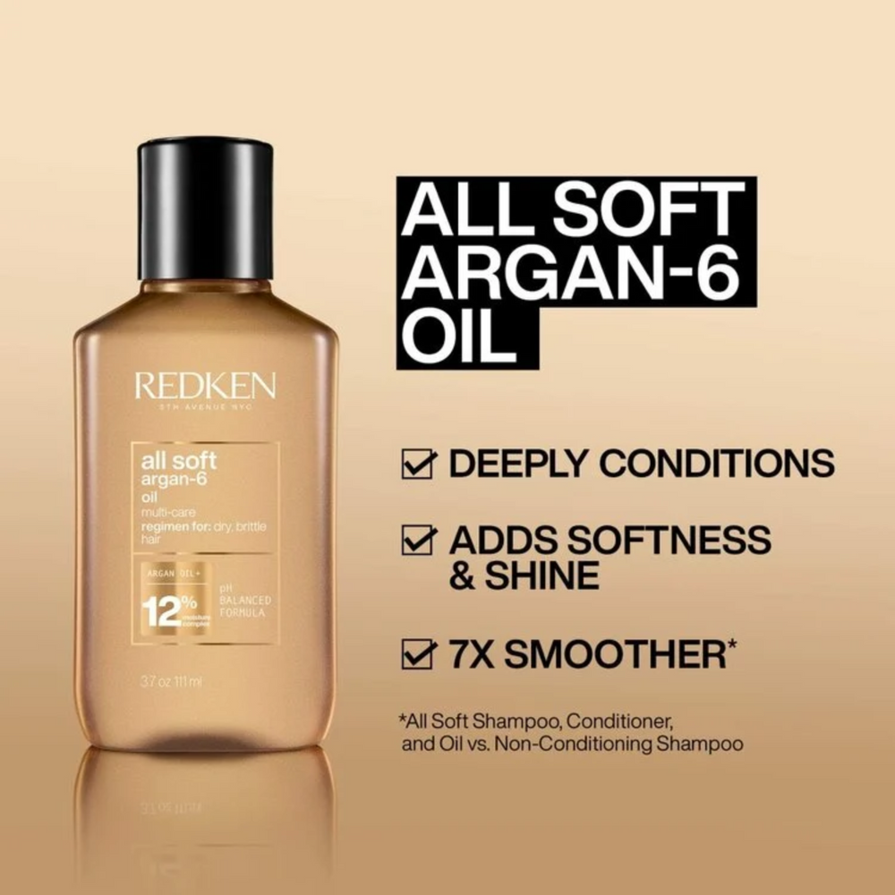 Flacon d’huile capillaire Redken All Soft Argan‑6 111 ml, soin nourrissant pour cheveux secs