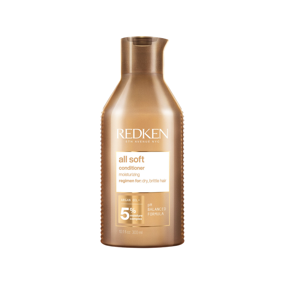 Flacon du Redken All Soft Conditioner, soin démêlant nourrissant pour cheveux secs et abîmés.
