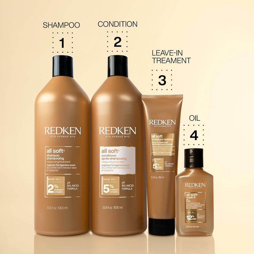 Flacon du Redken All Soft Conditioner, soin démêlant nourrissant pour cheveux secs et abîmés.