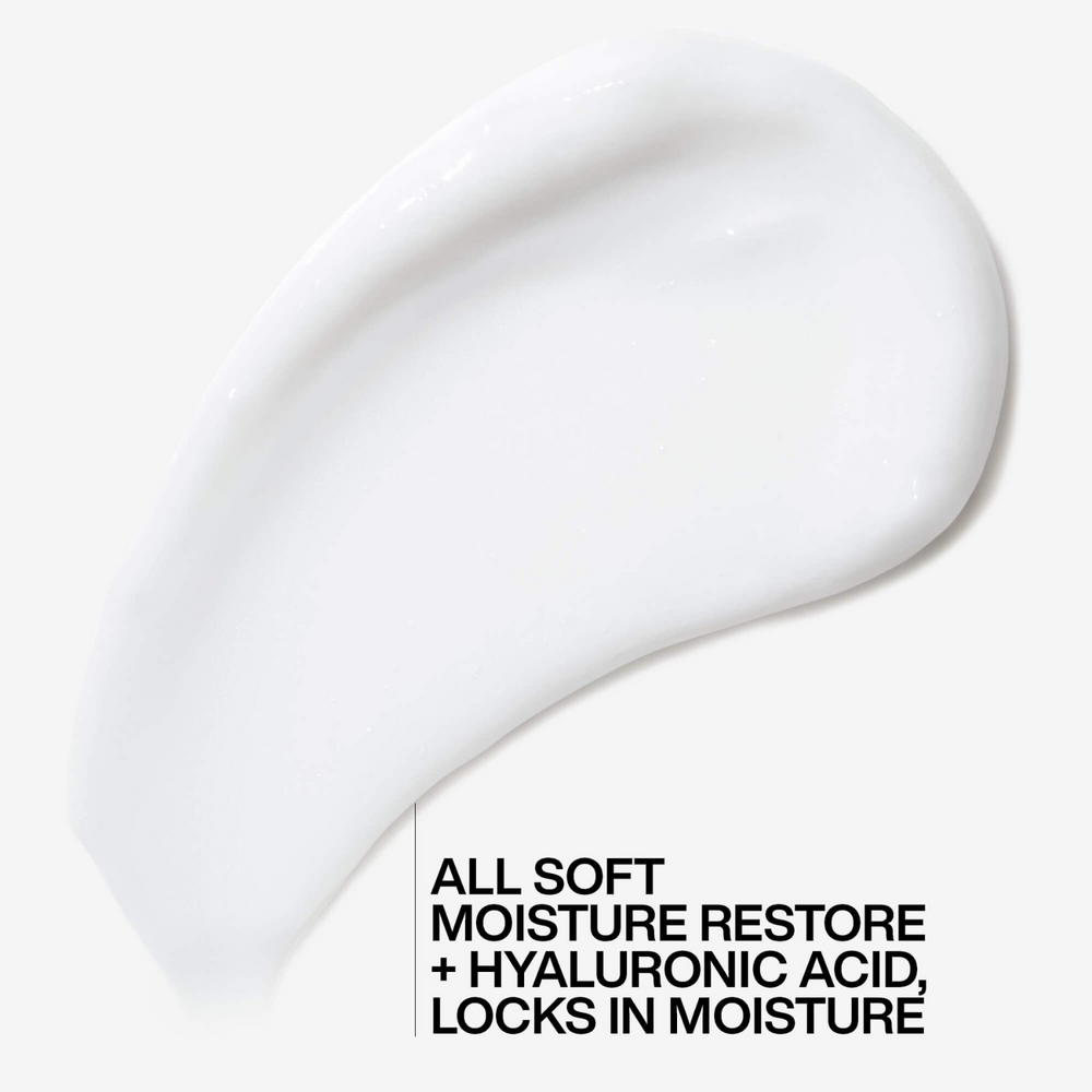 Flacon de traitement sans rinçage Redken All Soft Moisture Restore, soin hydratant avec acide hyaluronique pour cheveux secs.