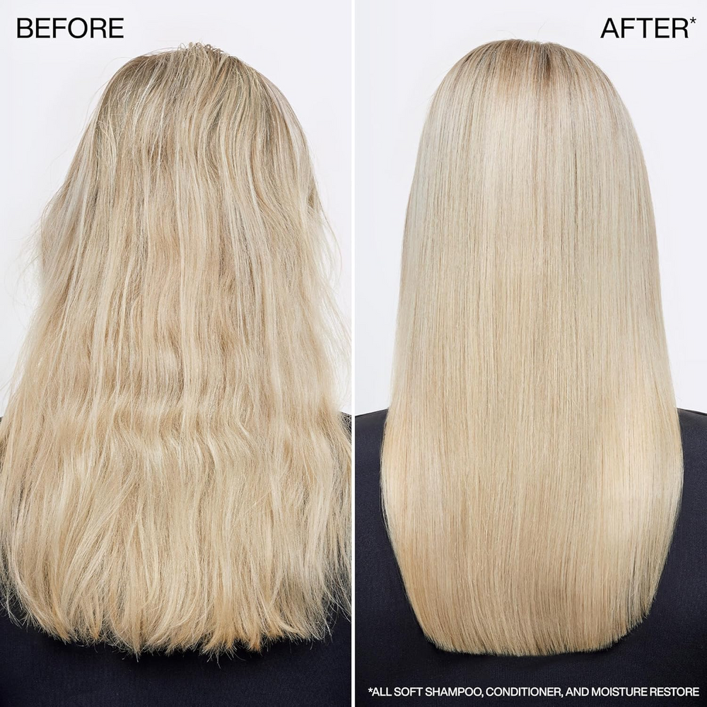 Flacon de traitement sans rinçage Redken All Soft Moisture Restore, soin hydratant avec acide hyaluronique pour cheveux secs.