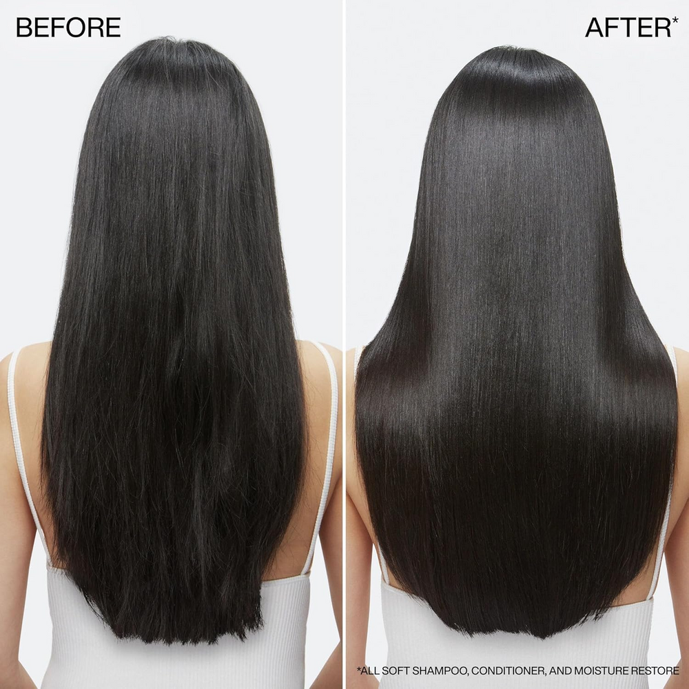 Flacon de traitement sans rinçage Redken All Soft Moisture Restore, soin hydratant avec acide hyaluronique pour cheveux secs.
