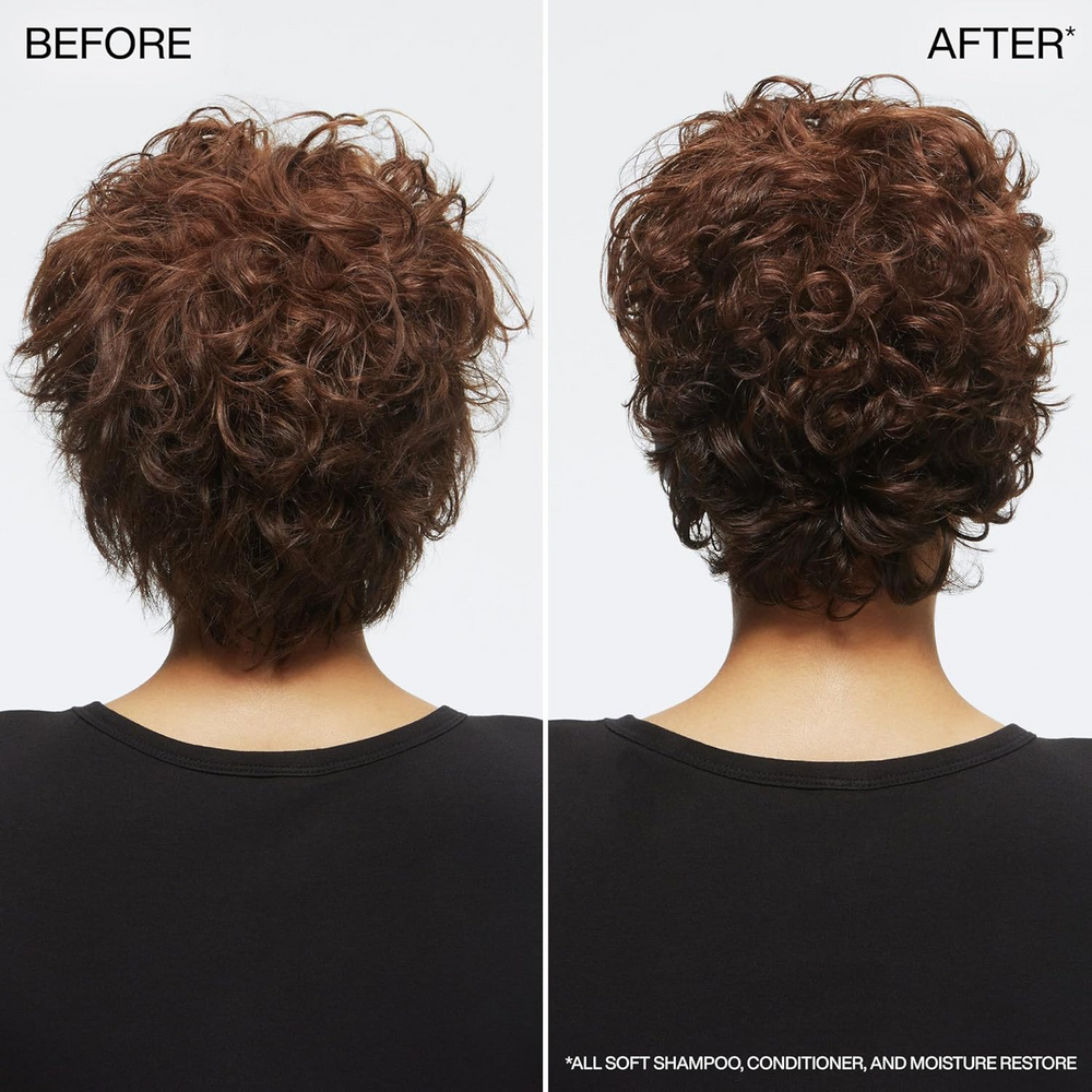 Flacon de traitement sans rinçage Redken All Soft Moisture Restore, soin hydratant avec acide hyaluronique pour cheveux secs.