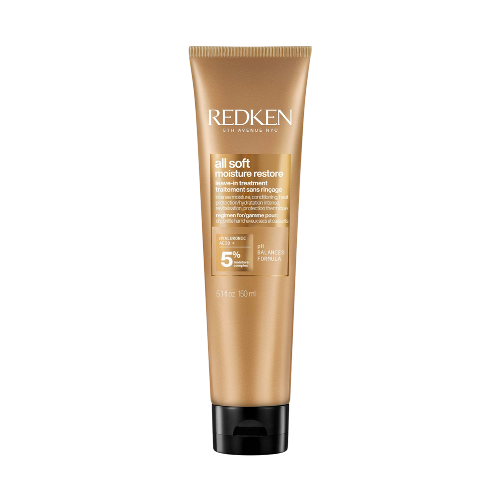 Flacon de traitement sans rinçage Redken All Soft Moisture Restore, soin hydratant avec acide hyaluronique pour cheveux secs.