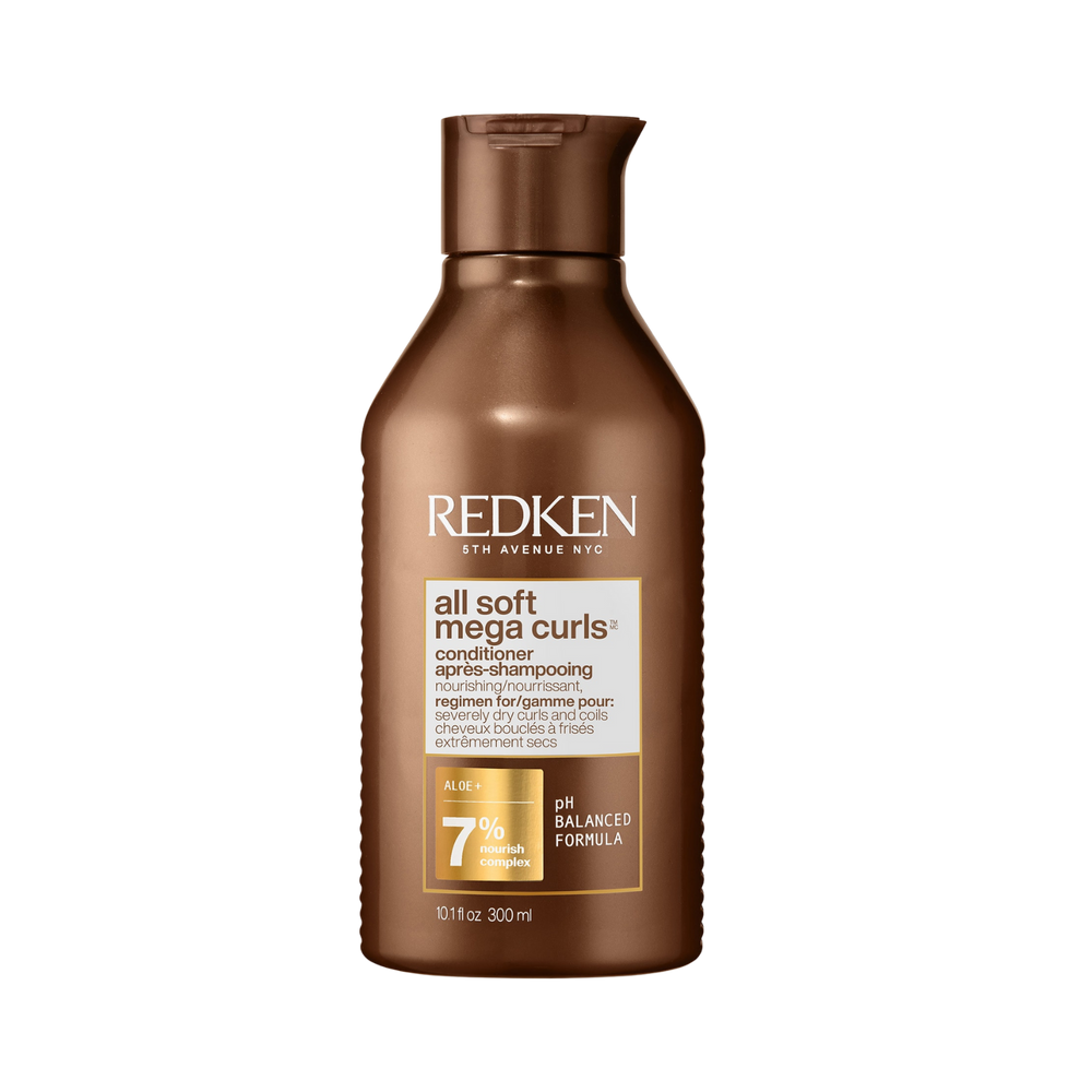Flacon de Redken All Soft Mega Conditioner, soin revitalisant pour cheveux très secs et épais.