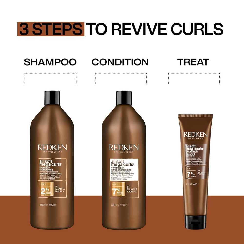 Flacon de Redken All Soft Mega Conditioner, soin hydratant pour cheveux très secs et épais.