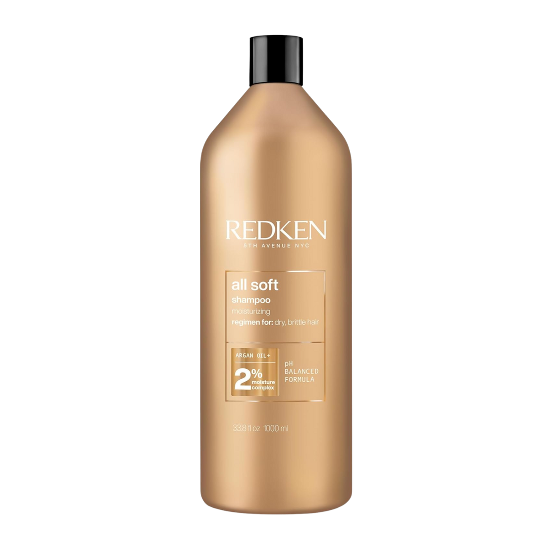Flacon de Redken All Soft Shampoo, shampooing adoucissant à l’huile d’argan pour cheveux secs et abîmés.