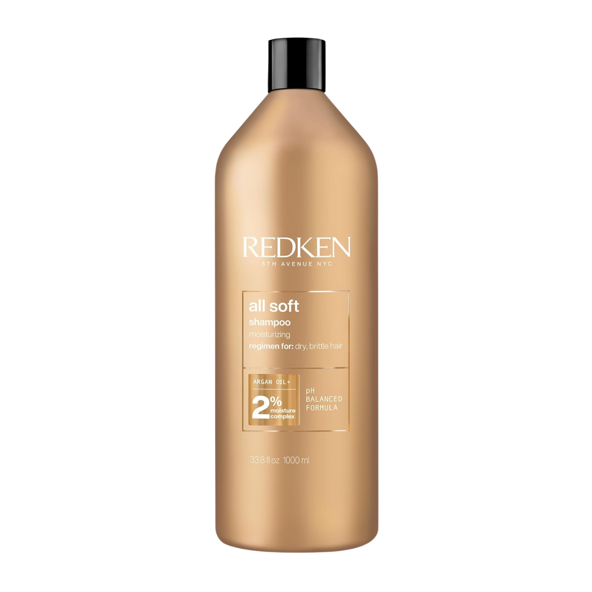 Flacon de Redken All Soft Shampoo, shampooing adoucissant à l’huile d’argan pour cheveux secs et abîmés.