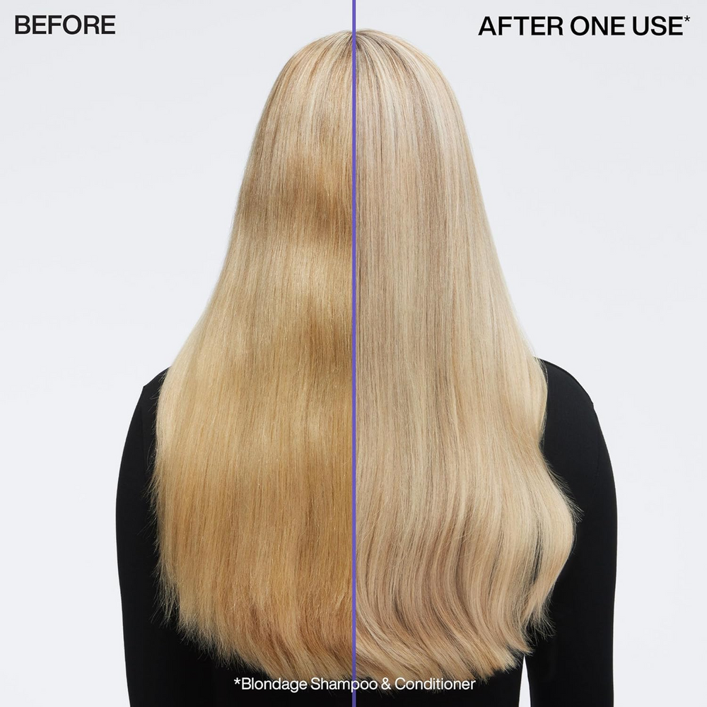 Flacon de shampooing Redken Blondage Purple avec pigments violets, neutralisant les reflets cuivrés pour cheveux blonds