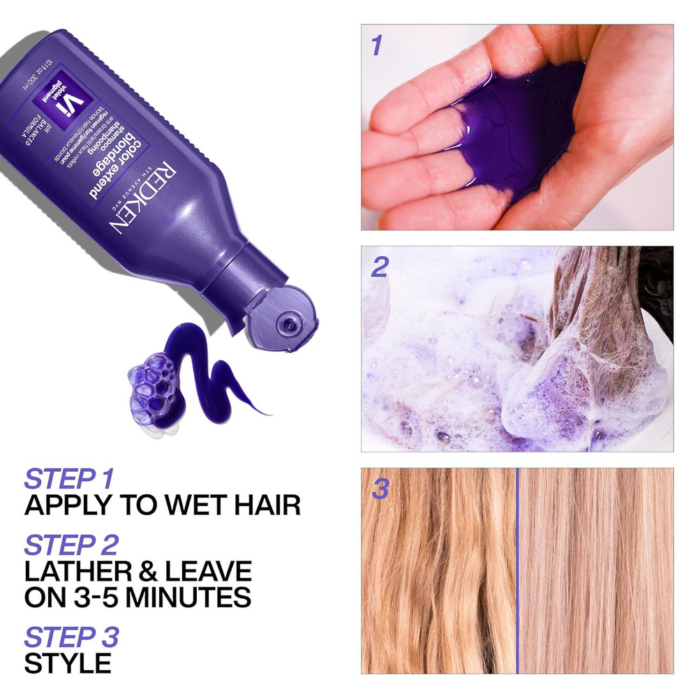 Flacon de shampooing Redken Blondage Purple avec pigments violets, neutralisant les reflets cuivrés pour cheveux blonds