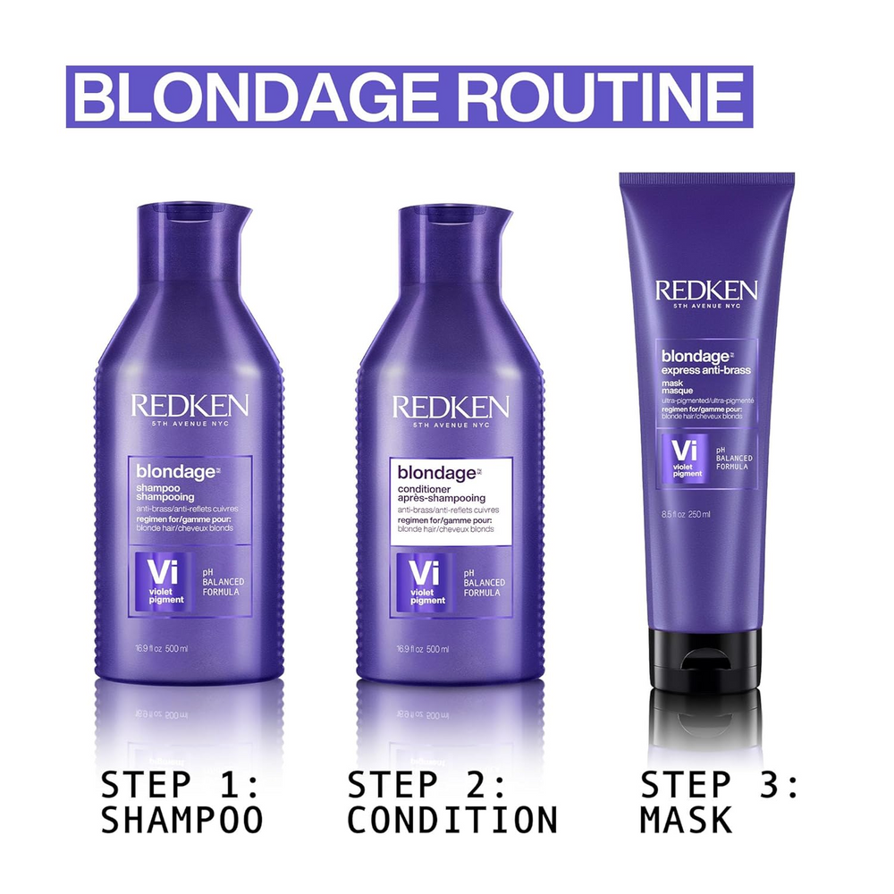 Flacon de shampooing Redken Blondage Purple avec pigments violets, neutralisant les reflets cuivrés pour cheveux blonds