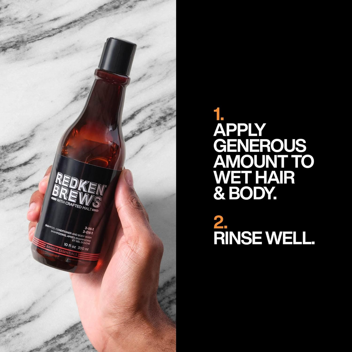 Flacon 3‑en‑1 Redken Brews, étiquette noire et bleue, soin cheveux et corps pour usage quotidien masculin