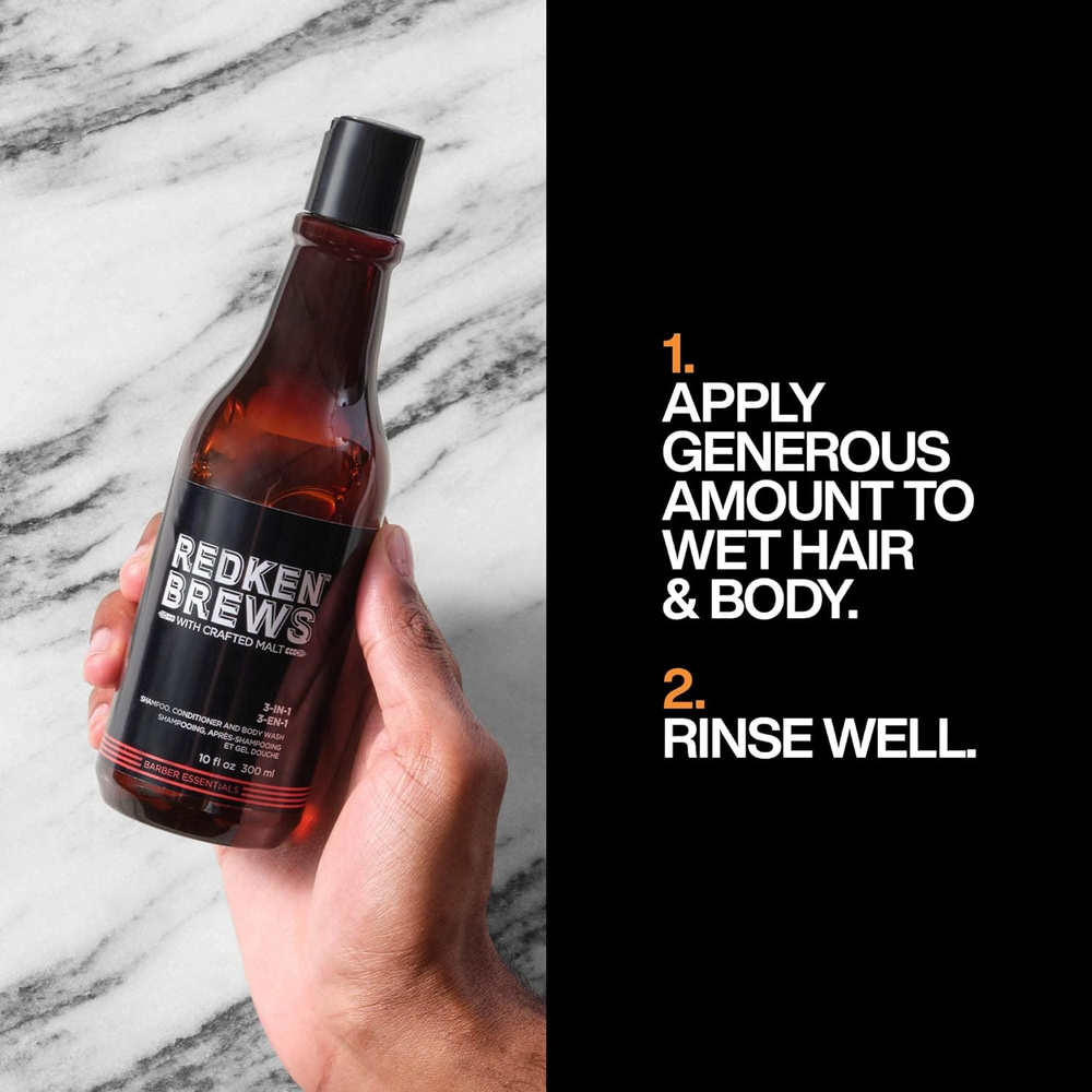 Flacon 3‑en‑1 Redken Brews, étiquette noire et bleue, soin cheveux et corps pour usage quotidien masculin