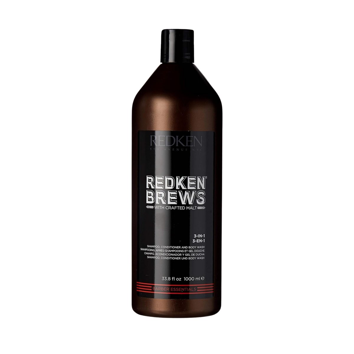 Flacon 3‑en‑1 Redken Brews, étiquette noire et bleue, soin cheveux et corps pour usage quotidien masculin