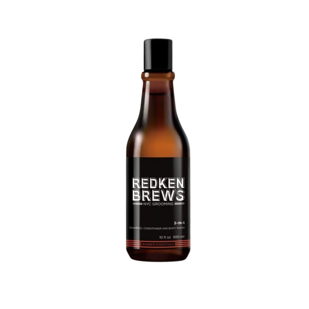 Flacon 3‑en‑1 Redken Brews, étiquette noire et bleue, soin cheveux et corps pour usage quotidien masculin