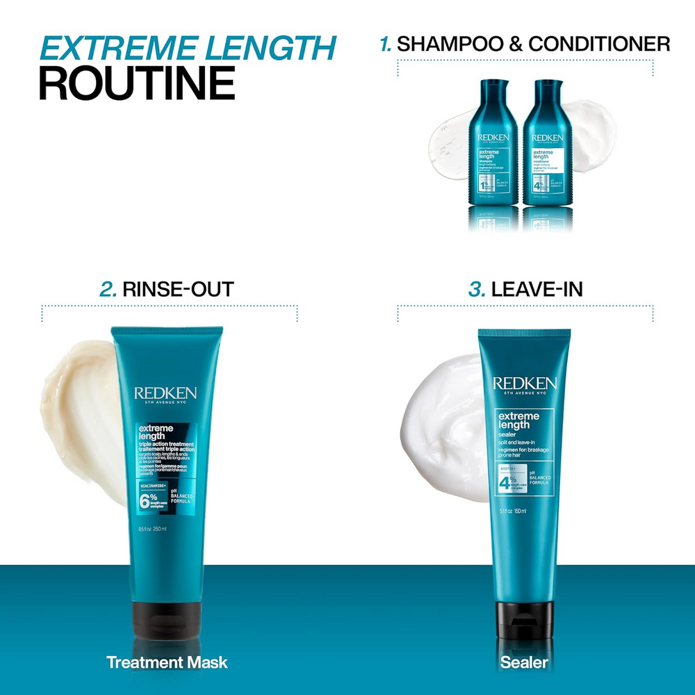 Flacon de Redken Extreme Length Conditioner, format revitalisant fortifiant enrichi en biotine et huile de ricin pour cheveux longs