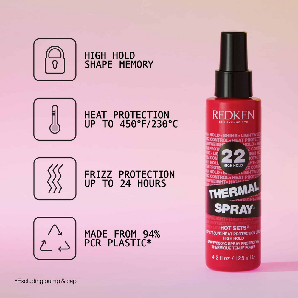 Spray thermoprotecteur Redken Thermal Spray High Hold, tenue forte pour coiffages avec protection jusqu’à 230 °C.
