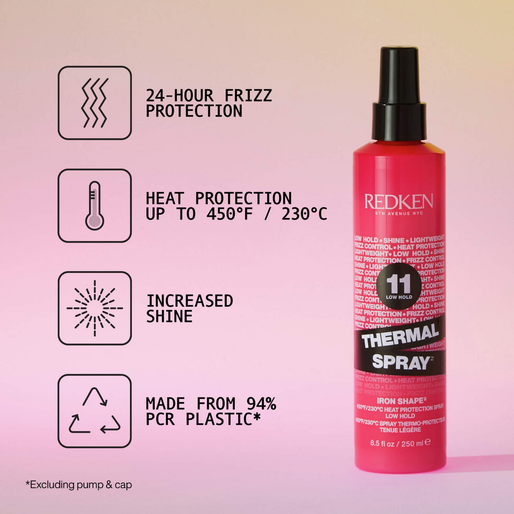 Spray Thermoprotecteur Redken Thermal Spray Low Hold, protection légère jusqu’à 230 °C pour cheveux brillants et anti-frisottis.