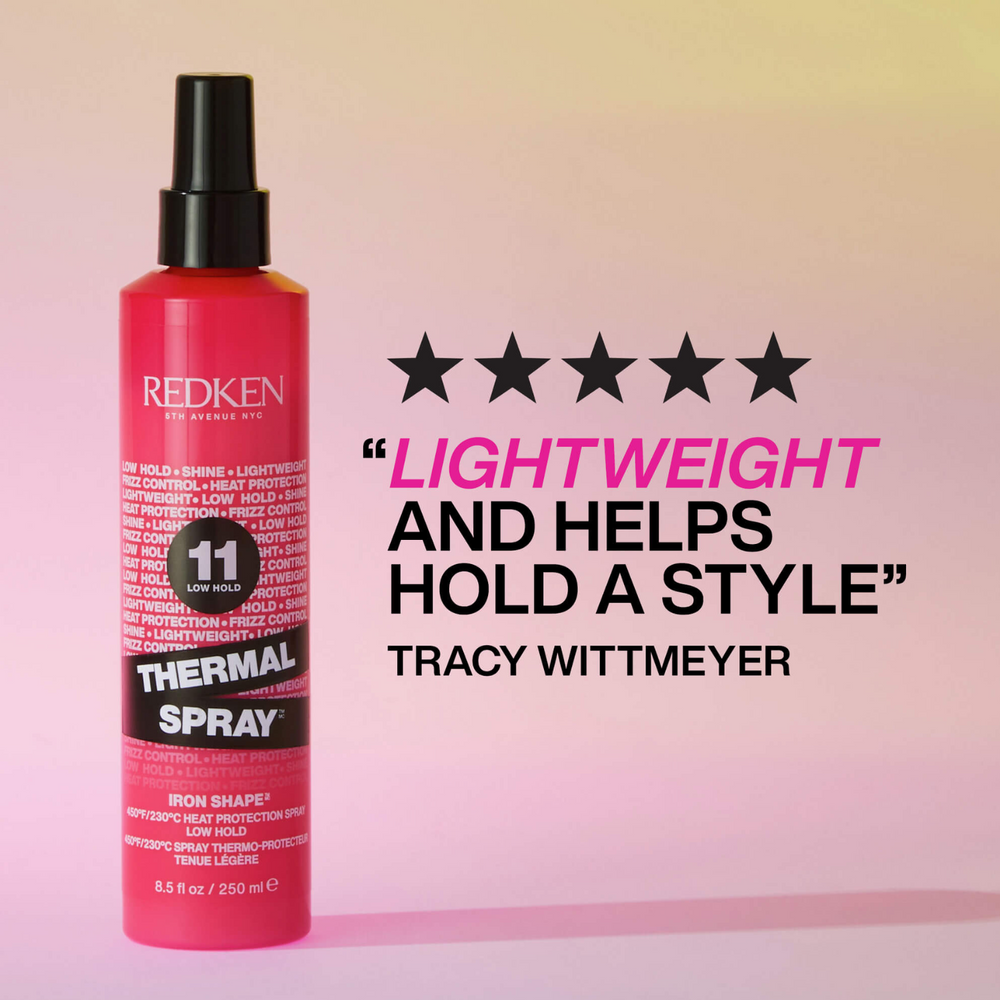 Spray Thermoprotecteur Redken Thermal Spray Low Hold, protection légère jusqu’à 230 °C pour cheveux brillants et anti-frisottis.