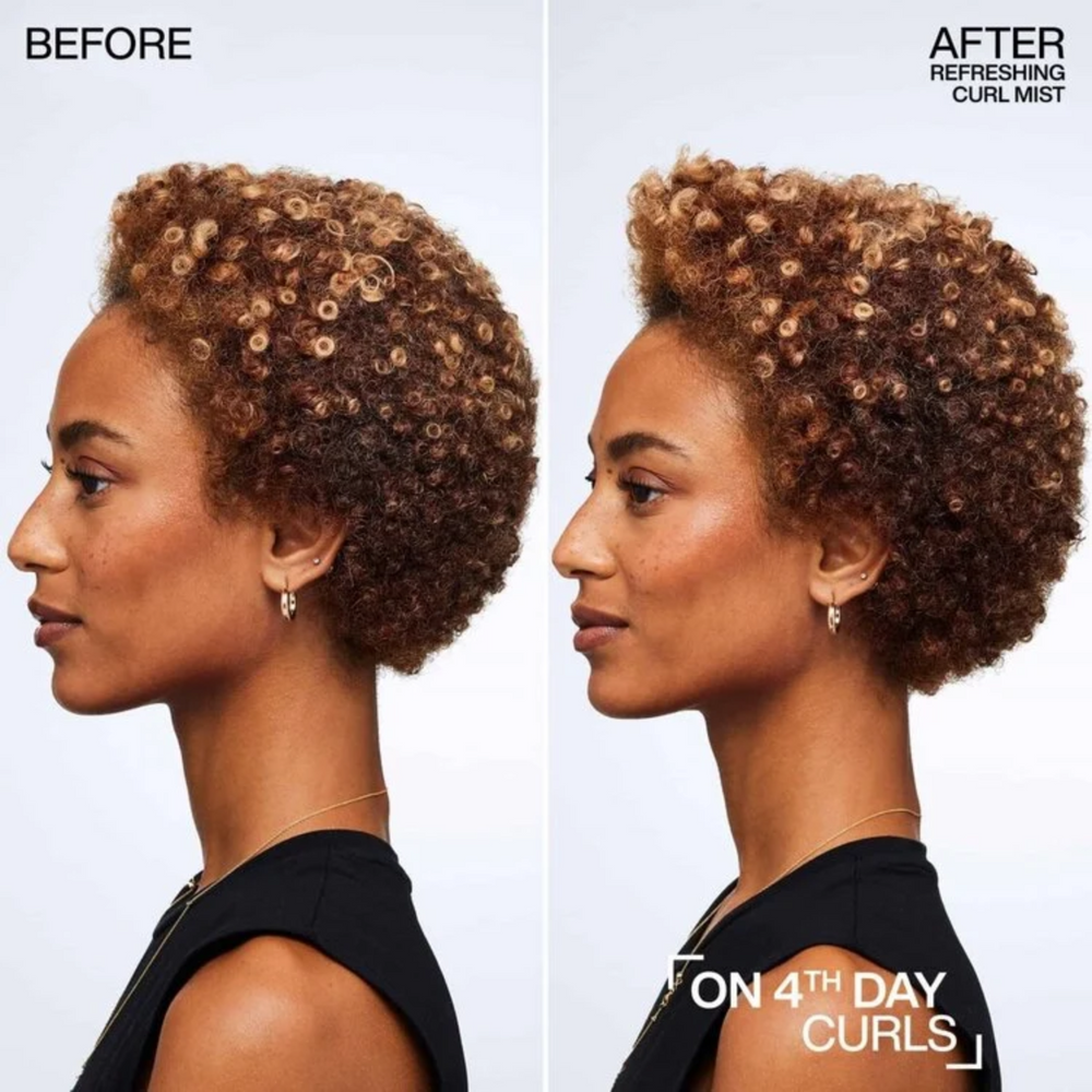Flacon du spray Refreshing Curl Mist Redken sur fond neutre.
